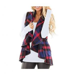 Akihoo Womens Color Block Lapel Open Front Sleeveless Plaid Vest Cardigan with Pockets