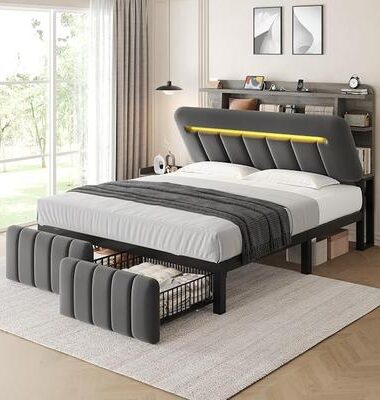 Queen Upholstered LED Bed Frame with 2