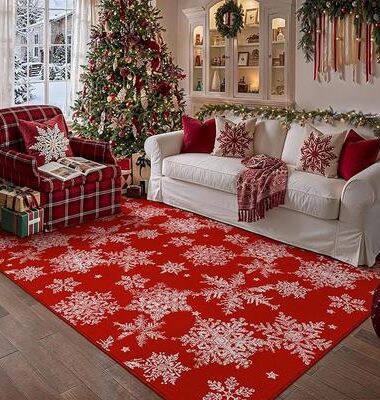PureCozy 5×7 Red Christmas Area Rug Snowflake